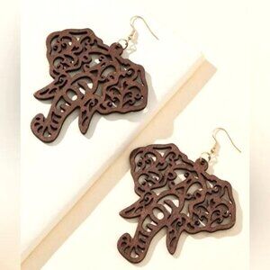 Elephant Earrings Cut Wood Bohemian Large Hollow Dangle Boho Carved Hippie Trend